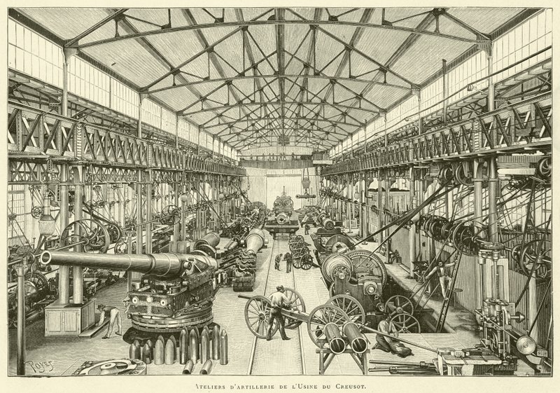 Oficinas de artilharia da fábrica de Creusot (gravura) de French School