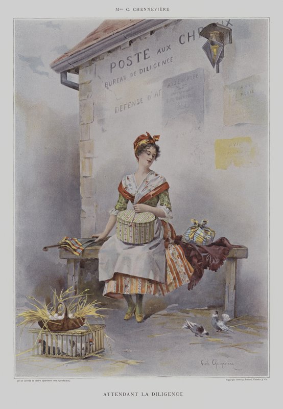 Attendant la Diligence (à espera da diligência) (cor litho) de French School