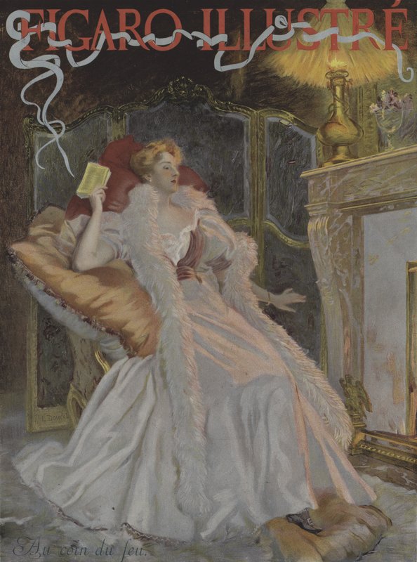 Au coin du feu (À beira do fogo). Capa do Le Figaro Illustre, janeiro de 1896 (cor litho) de French School