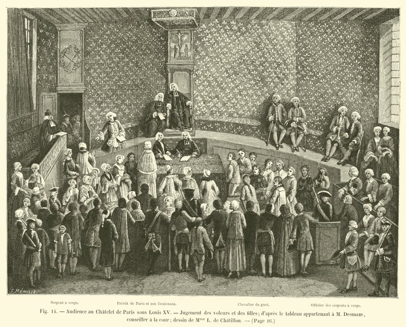 Audiência no Chatelet de Paris sob Luís XV, Julgamento de ladrões e meninas; depois da foto pertencente a M. Desmaze, conselheiro na corte; desenho de Mme L de Chatillon de French School