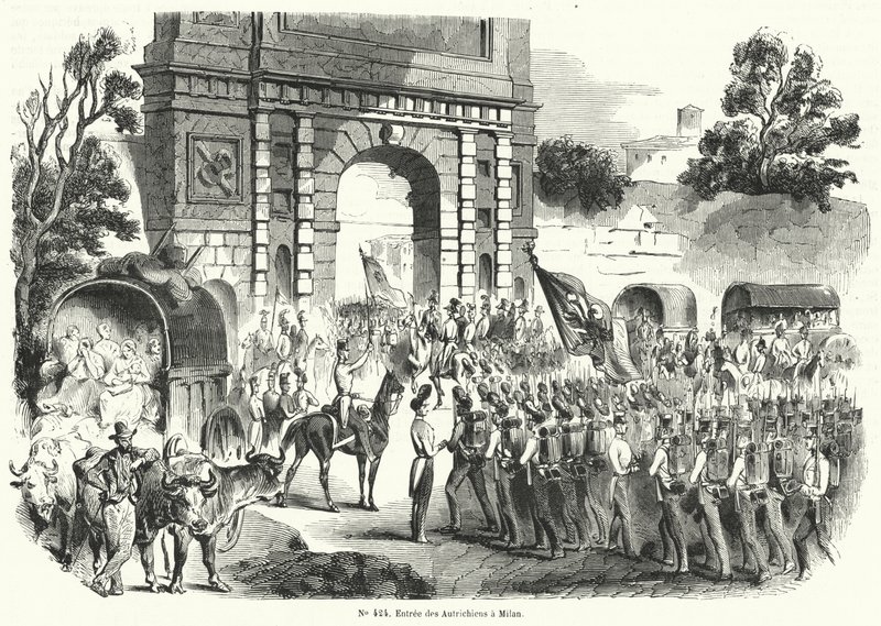 Tropas austríacas entrando em Milão, Itália, 6 de agosto de 1848 (gravura) de French School