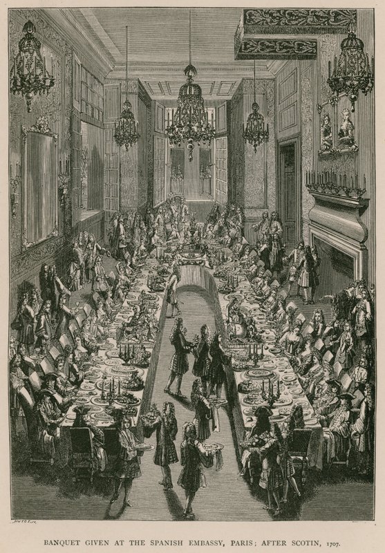 Banquete oferecido na Embaixada da Espanha em Paris; depois de Scotin, 1707 de French School