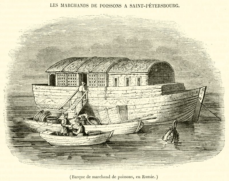 Barco de comerciante de peixe, na Rússia (gravura) de French School