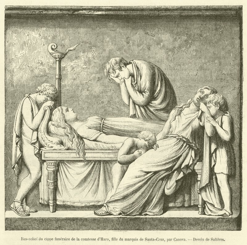 Baixo-relevo do cippo funerário da Condessa de Haro, filha do Marquês de Santa Cruz (gravura) de French School