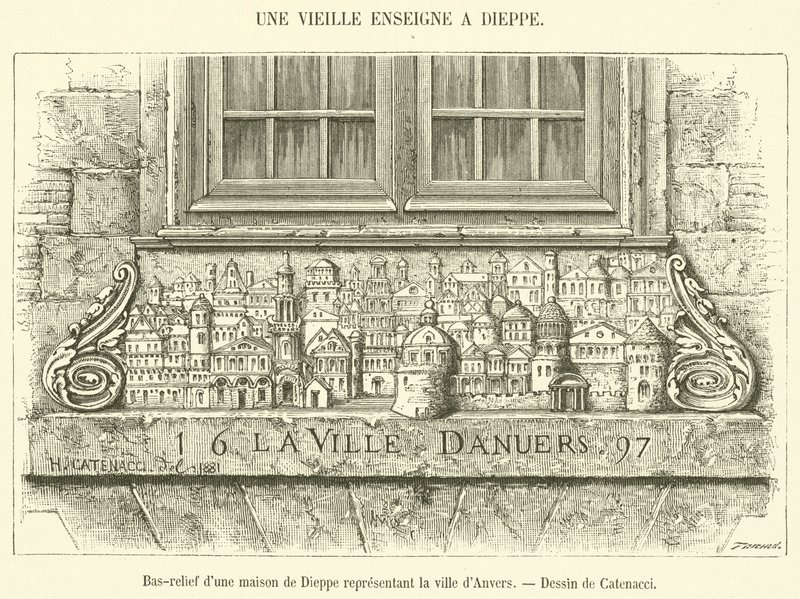 Baixo-relevo de uma casa em Dieppe representando a cidade de Antuérpia (gravura) de French School