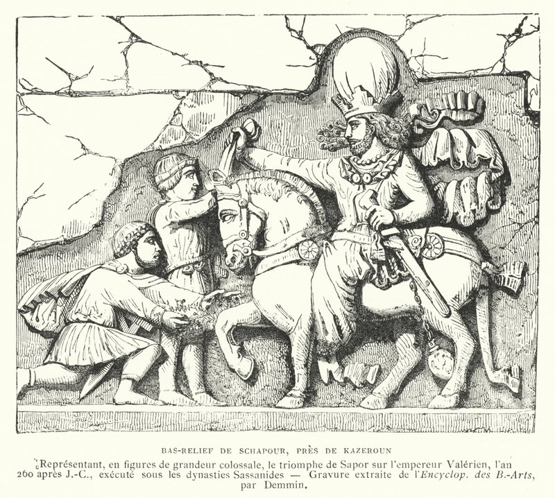Bas-relevo perto de Kazerun, Irão, retratando a vitória do rei sasaniano Shapur I sobre o Imperador Romano Valerian na Batalha de Edessa, 260 (gravura) de French School