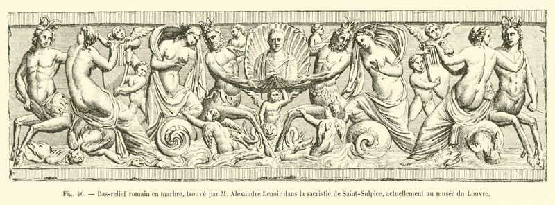 Baixo-relevo de mármore romano, encontrado por M Alexandre Lenoir na sacristia de Saint-Sulpice, atualmente no museu do Louvre de French School