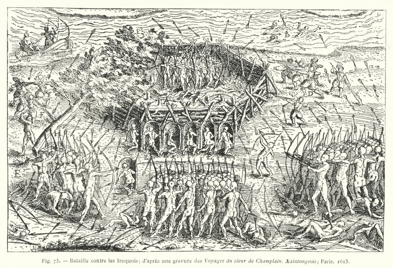 Batalha contra os Iroqueses; de uma gravura nas Viagens de Sieur de Champlain, Xaintongeois, Paris de French School