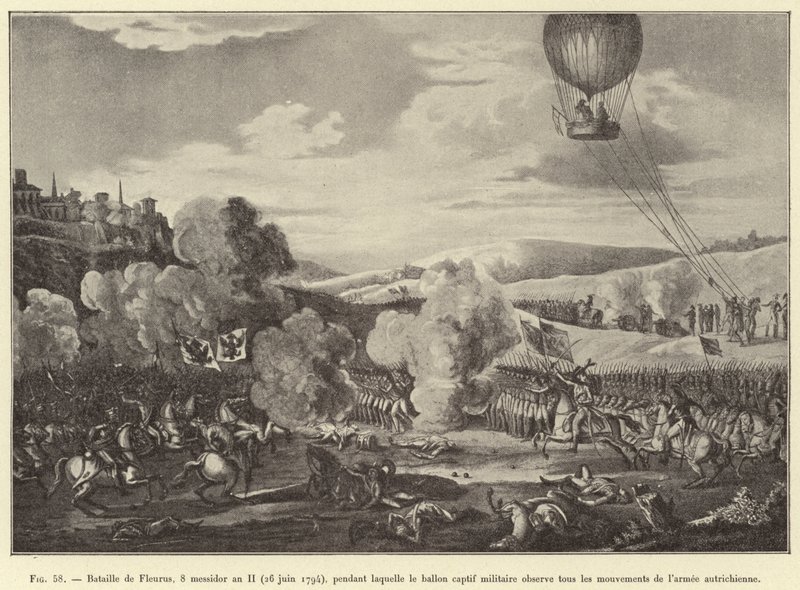 Batalha de Fleurus, 8 messidor ano II (26 de Junho de 1794), durante a qual o balão militar cativo observa todos os movimentos do exército austríaco (gravura) de French School