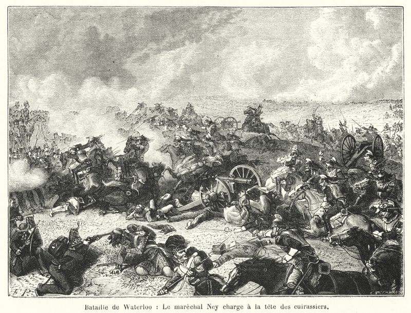 Batalha de Waterloo, Marechal Ney carrega na cabeça dos cuirassiers (gravura) de French School
