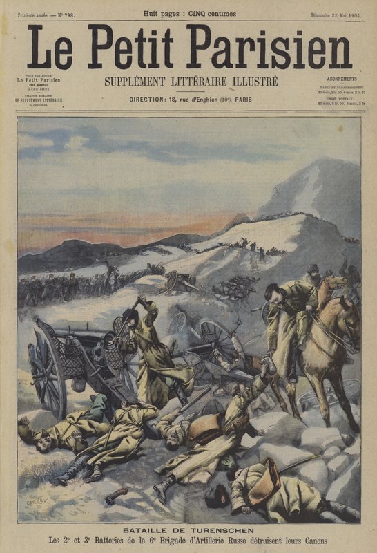 Batalha do Rio Yalu, Guerra Russo-Japonesa (cor litho) de French School