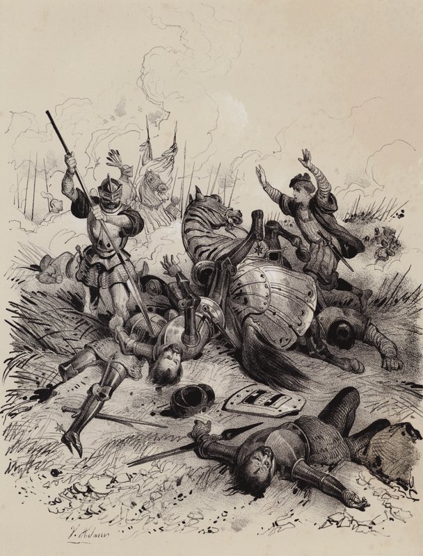 Batalha de Holme, 902, entre os dinamarqueses e o exército de Wessex e Kent sob Edward the Elder, na qual Aethelwold aetheling, que se tinha aliado com os dinamarqueses, foi morto (litho) de French School
