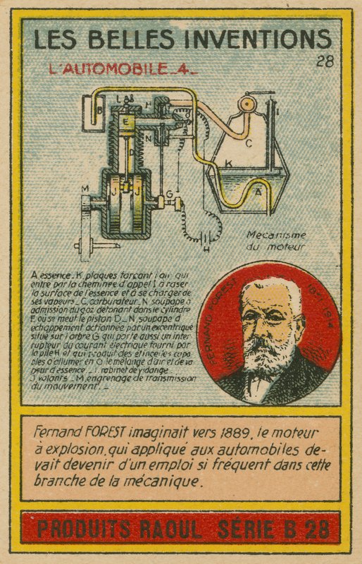 Belo cartão de invenções, motor de combustão de French School