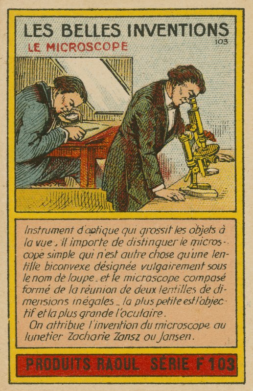 Cartão bonito invenções, microscópio de French School