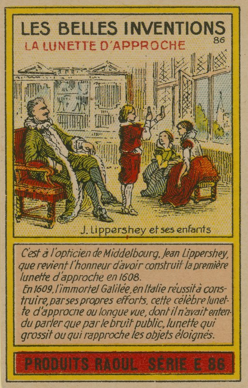 Belo cartão de invenções, telescópio de French School