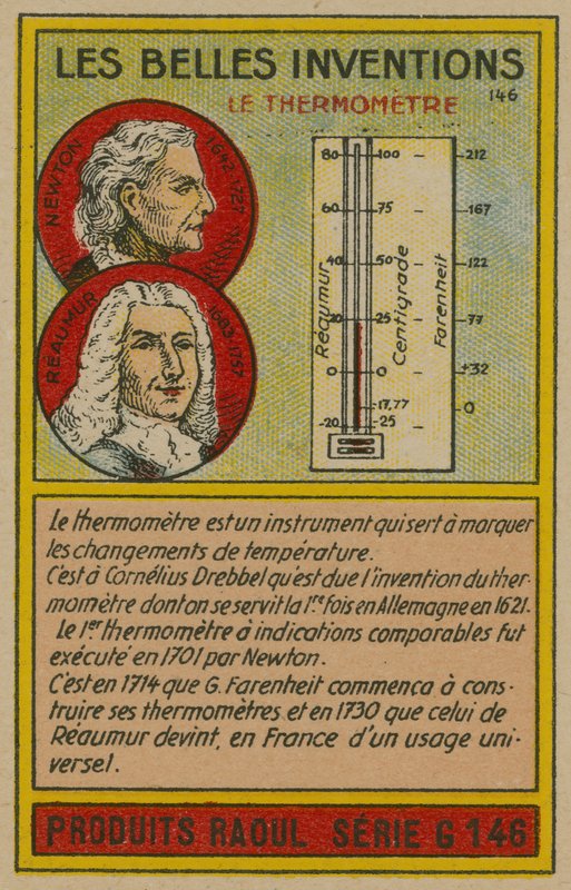 Belo cartão de invenções, termômetro de French School