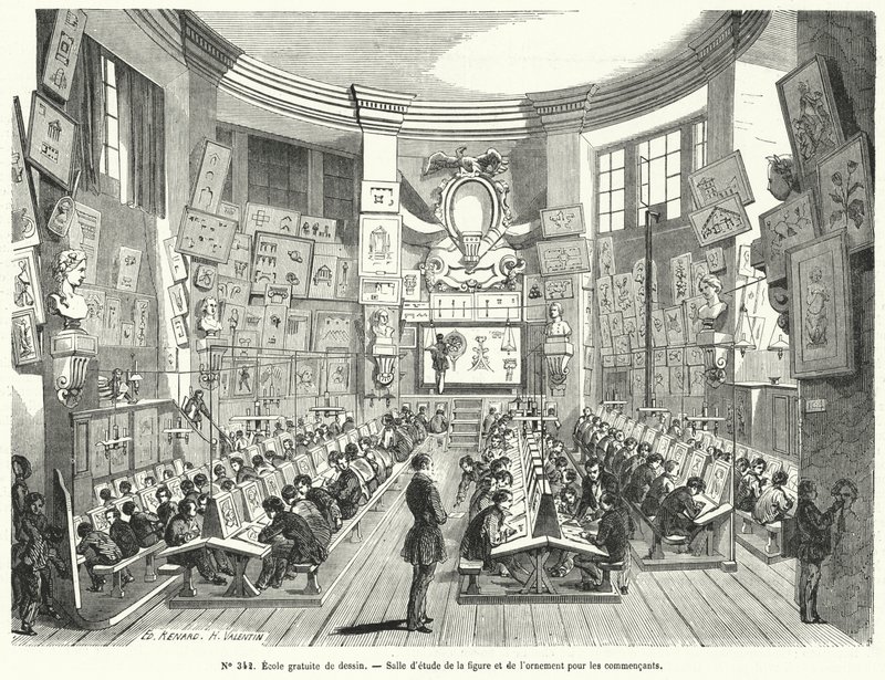 Aulas para principiantes numa escola de desenho gratuita, França (gravura) de French School