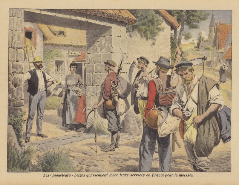 Trabalhadores agrícolas belgas à procura de trabalho em França durante a colheita (cor litho) de French School