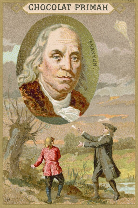 Benjamin Franklin, cientista americano, inventor e político de French School