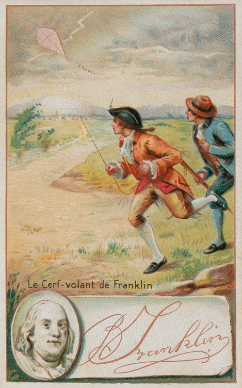 Benjamin Franklin empinando uma pipa que é atingida por um raio de French School