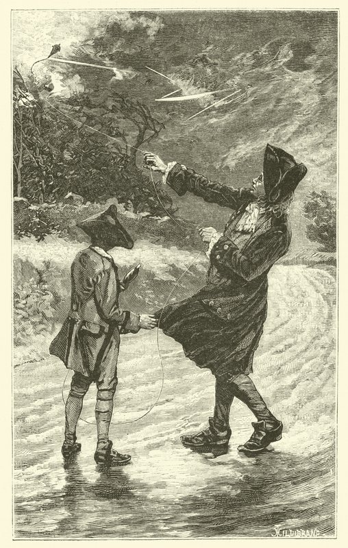 Benjamin Franklin voando o seu papagaio (gravura) de French School