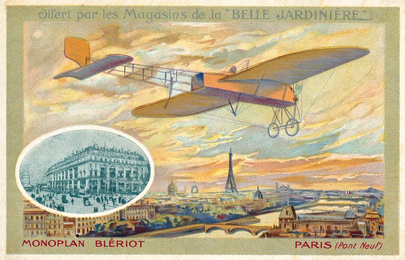 Bleriot monoplano e uma vista de Paris mostrando o Pont Neuf (chromolitho) de French School