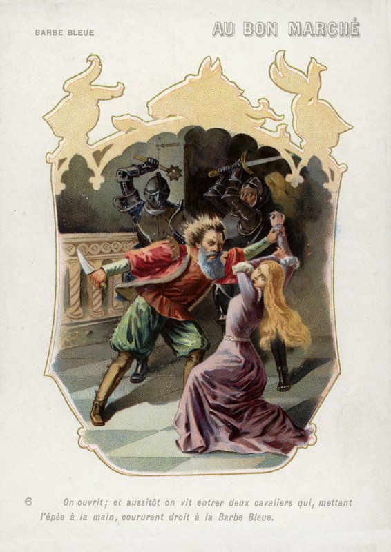 A esposa de Bluebeard é salva da morte às mãos do marido pela chegada dos irmãos (chromolitho) de French School