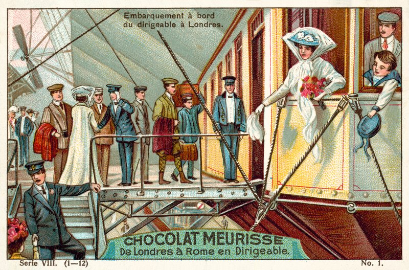 Embarque no dirigível em Londres (chromolitho) de French School