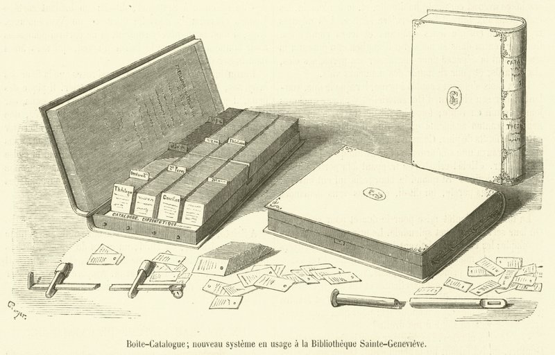 Catalogue-Box, novo sistema em uso na Bibliotheque Sainte-Genevieve (gravura) de French School