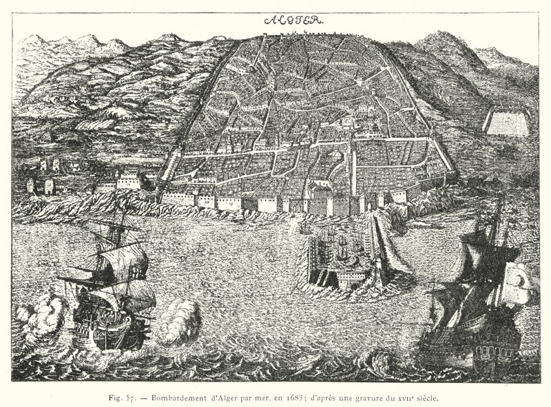 Bombardeamento de Argel por mar, em 1683; a partir de uma gravura do século XVII de French School