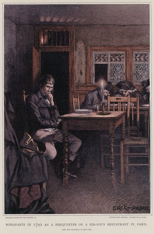 Bonaparte em 1792 como frequentador de um restaurante de seis sous em Paris de French School