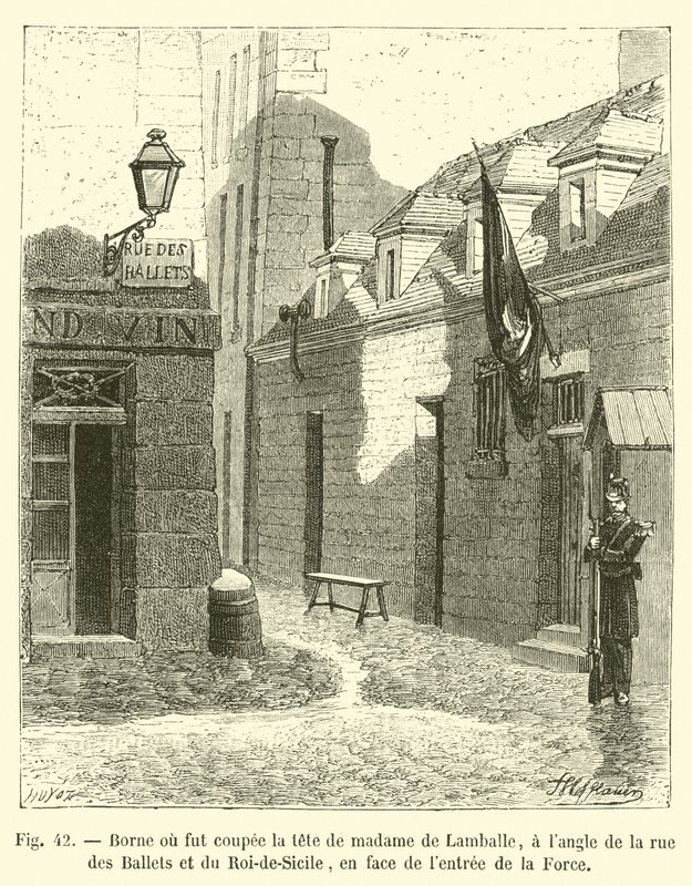 Borne, onde a cabeça de Madame de Lamballe foi cortada, na esquina da Rue des Ballets e do Rei-de-Sicília, em frente à entrada da Força. de French School