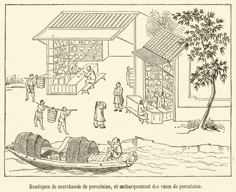 Lojas de comerciantes de porcelana e envio de vasos de porcelana (gravura) de French School