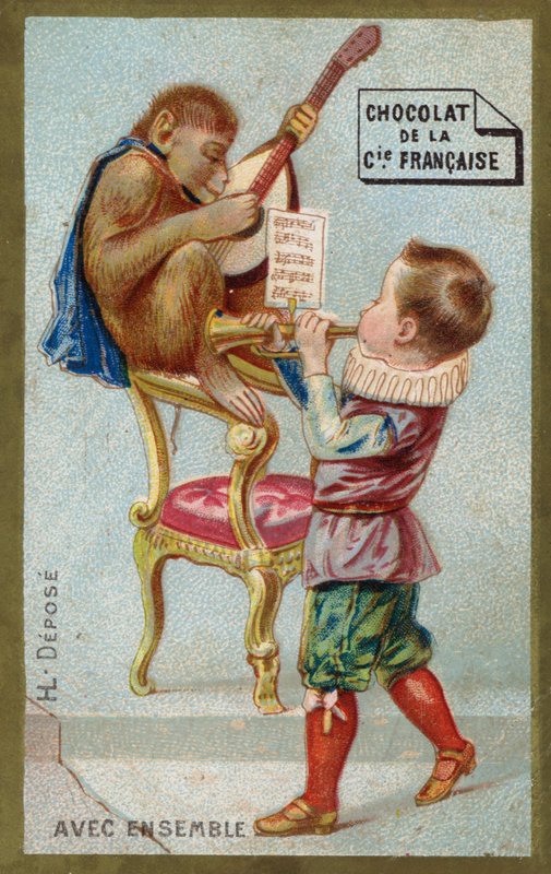 Rapaz e macaco tocando instrumentos musicais juntos (chromolitho) de French School