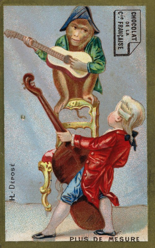 Rapaz e macaco tocando instrumentos musicais juntos (chromolitho) de French School