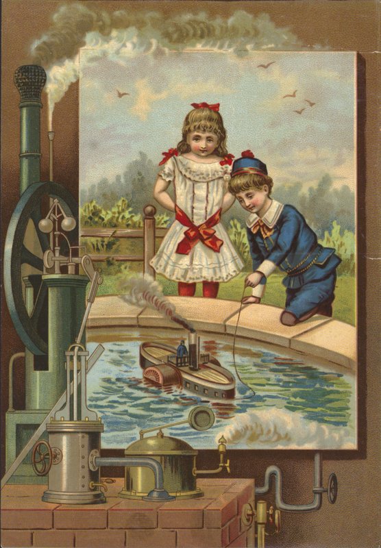 Menino, demonstrar, brinquedo, barco vapor, para, menina de French School