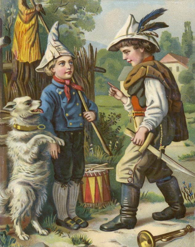 Meninos jogando soldados com seu cachorro no país de French School