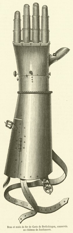 Braço e mão de ferro de Goetz de Berlichingen, preservado no castelo de Jaxthausen (gravura) de French School