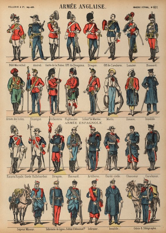 Fardas militares britânicas e espanholas (gravura colorida) de French School