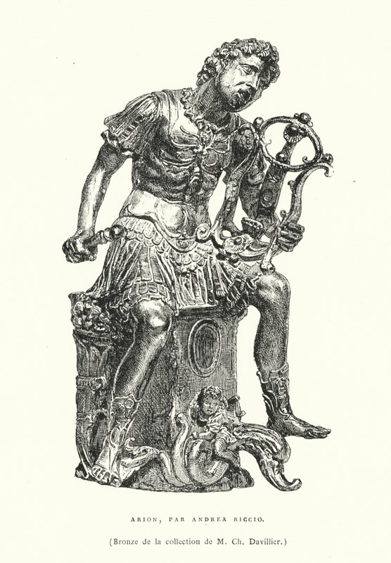 Figura de bronze do poeta grego antigo Arion, do escultor italiano renascentista Andrea Riccio, no final do século XV ou início do XVI (gravura) de French School