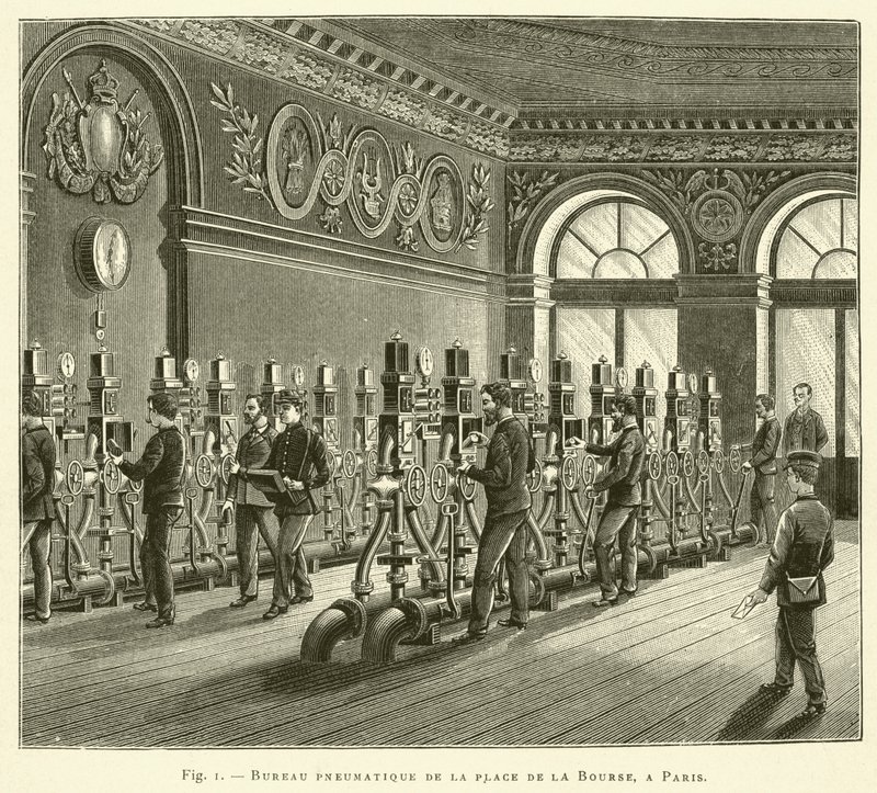Escritório pneumático na Place de la Bourse, Paris (gravura) de French School