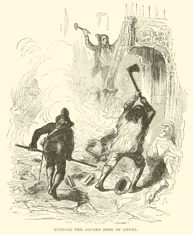 Queimando o Livro de Ouro de Génova (gravura) de French School