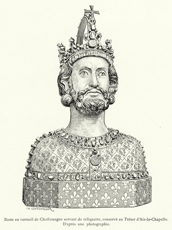 Busto dourado de Carlos Magno como um relicário, guardado no Aachen Tresor (gravura) de French School