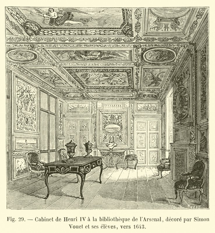 Gabinete de Henrique IV na biblioteca do Arsenal, decorado por Simon Vouet e seus alunos, por volta de 1643 de French School