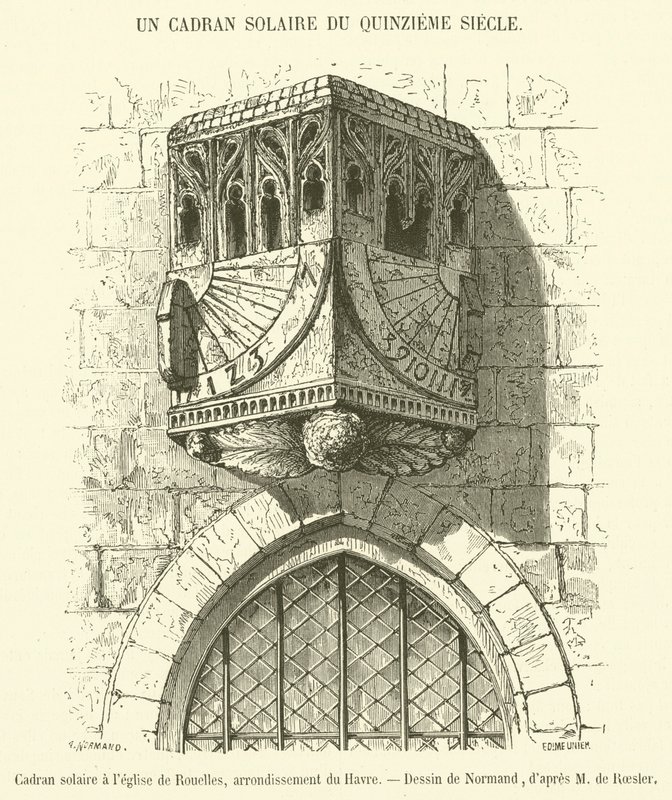 Relógio de sol na igreja de Rouelles, distrito de Le Havre (gravura) de French School