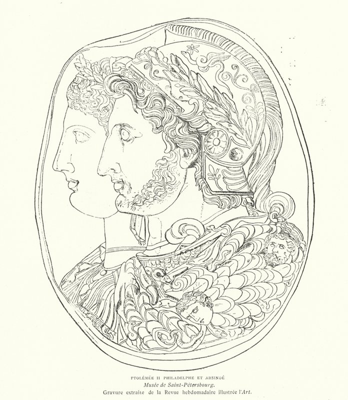Cameo do Antigo Faraó Egípcio Ptolomeu Filadélfo e sua esposa Arsinoe, Século III a.C. (gravura) de French School