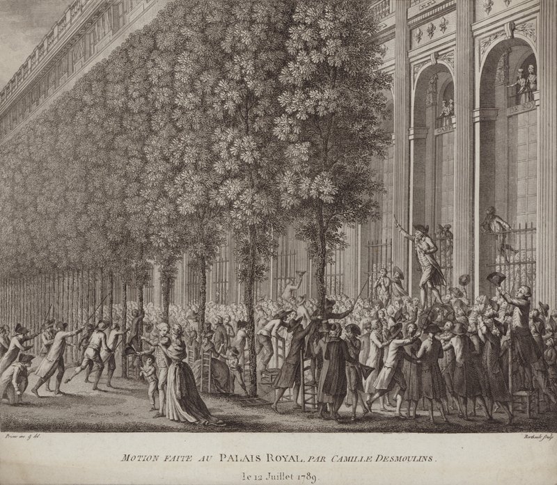 Camille Desmoulins faz uma chamada às armas para o povo no Palais Royal, Paris de French School