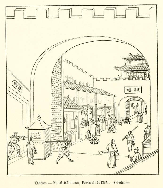 Cantão, Kouai-lak-moun, City Gate, Oiseleurs (gravura) de French School