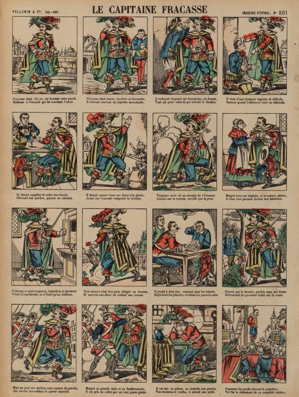 Captain Fracasse, romance do escritor francês Theophile Gautier (gravura colorida) de French School