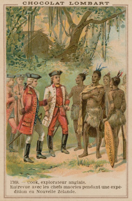 Capitão James Cook se reunindo com chefes maori na Nova Zelândia, 1769 de French School